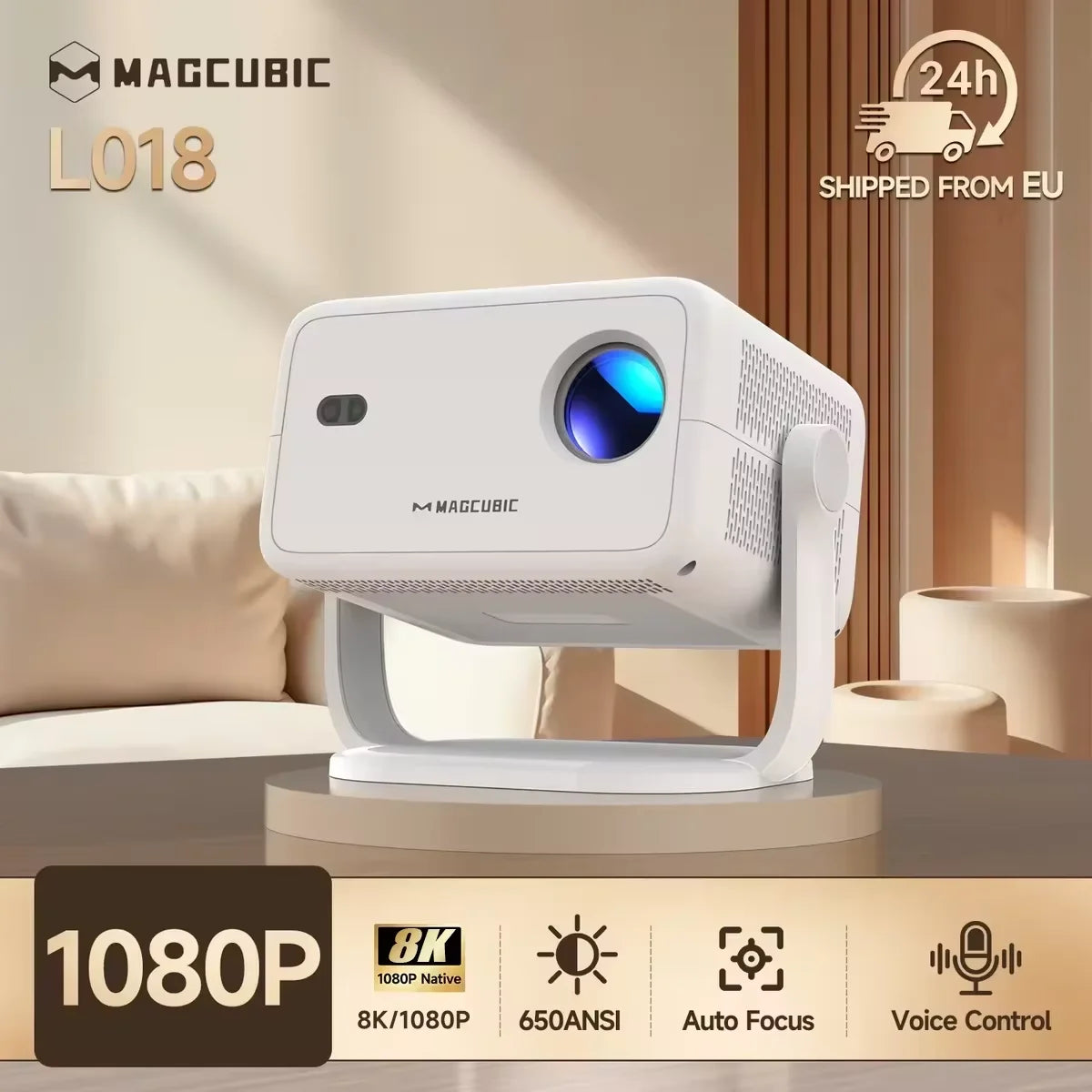 Projecteur Magcubic natif 1080P 650Ansi 8K Android14 L018 avec correction automatique trapézoïdale, mise au point Wifi6 Bt5.4 Portable Movie Outdoor